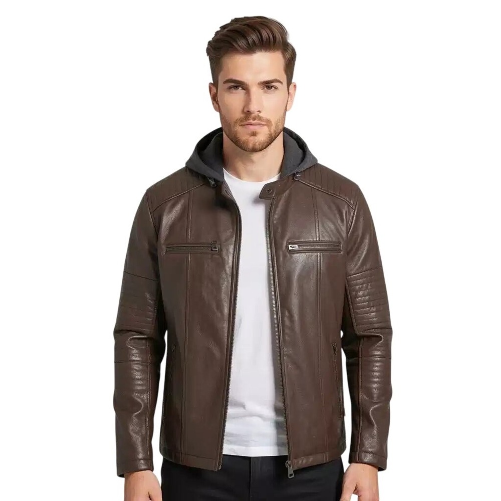 Levis Mens Faux Leather Hooded Racer Jacket Brown Moto Quilted Md NWT